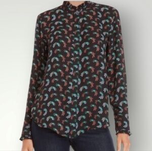 Loft Top Womens LP Peacock All Over Print Ruffle Neckline Button Front‎ Closure